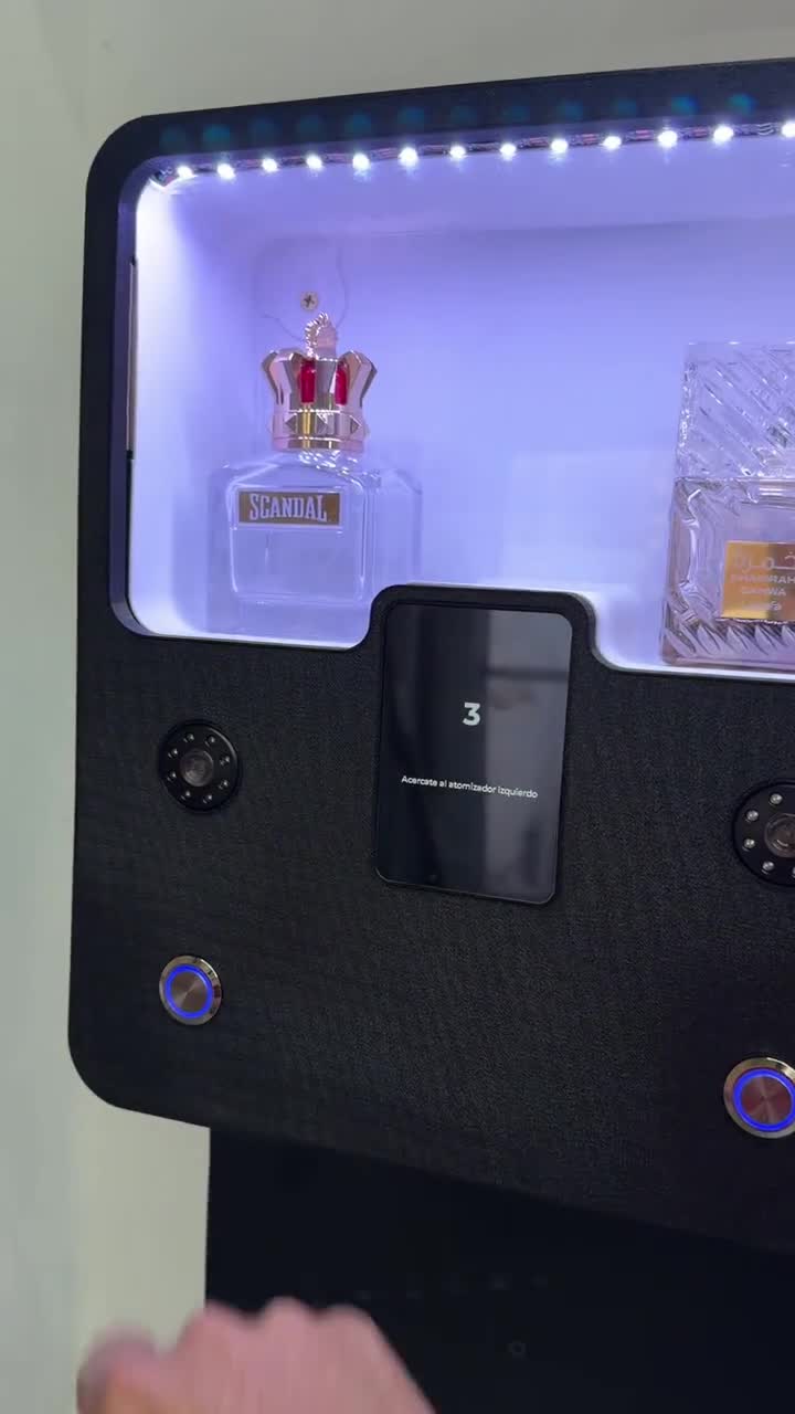 Expendedora automática de perfumes con pantalla, controles y dosificador